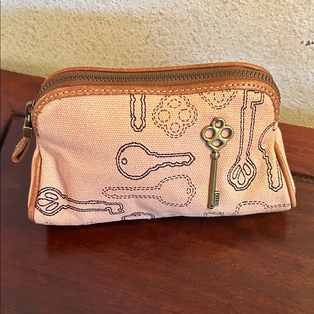 Fossil Peach-Pink Key Motif Canvas Cosmetic Pouch